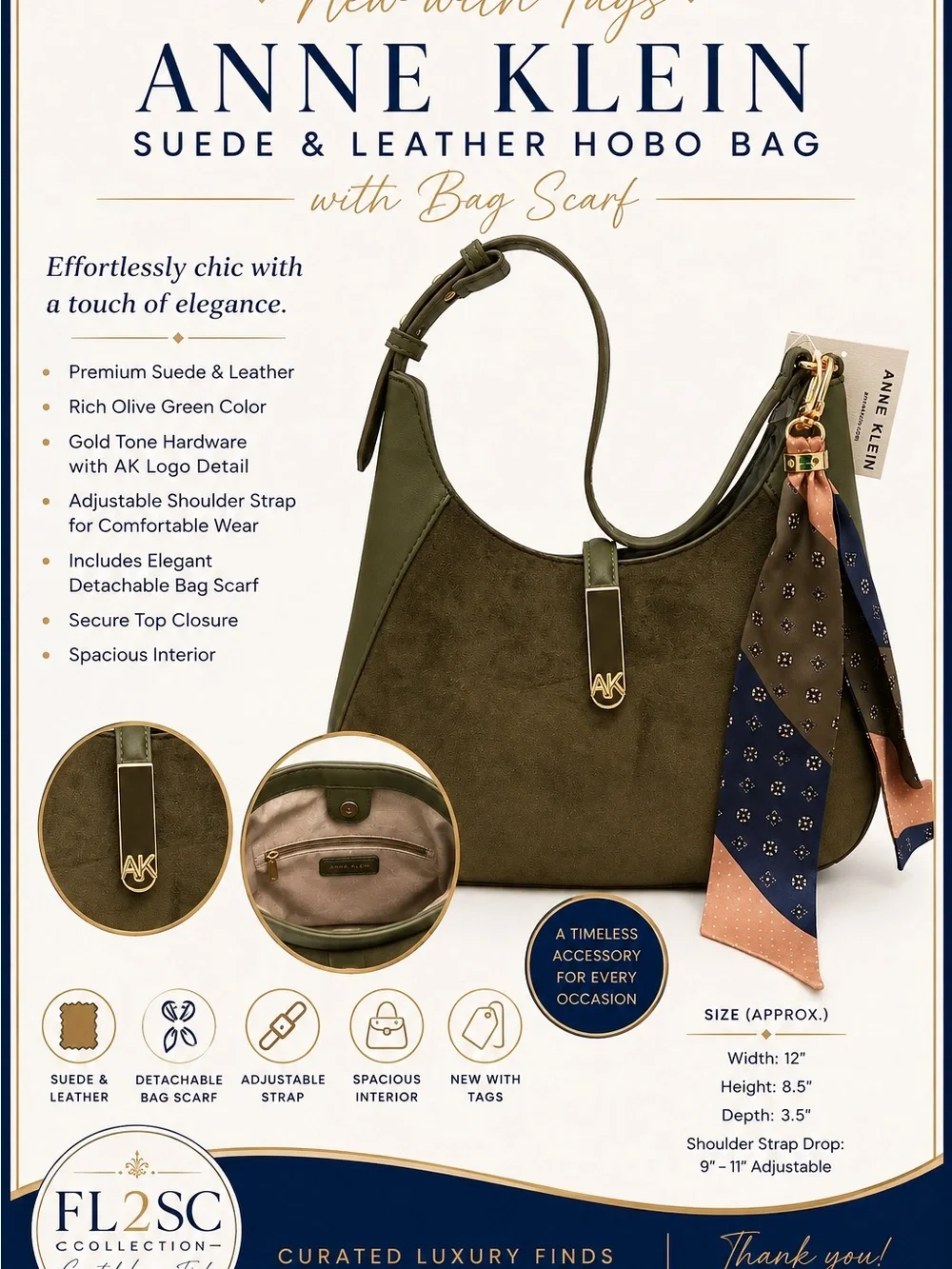 NWT Anne Klein Olive Suede Hobo with Printed Scarf Accent